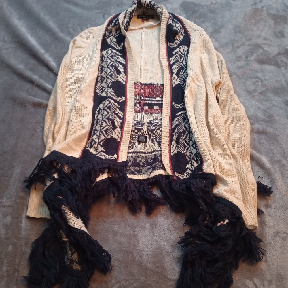 Double Zero Open‎ Front Cardigan Sweater Womens Sz Small Fringe Safari Aztec Art
